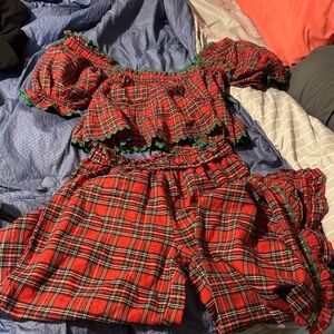 Red Plaid Off-Shoulder Top and Skirt Set